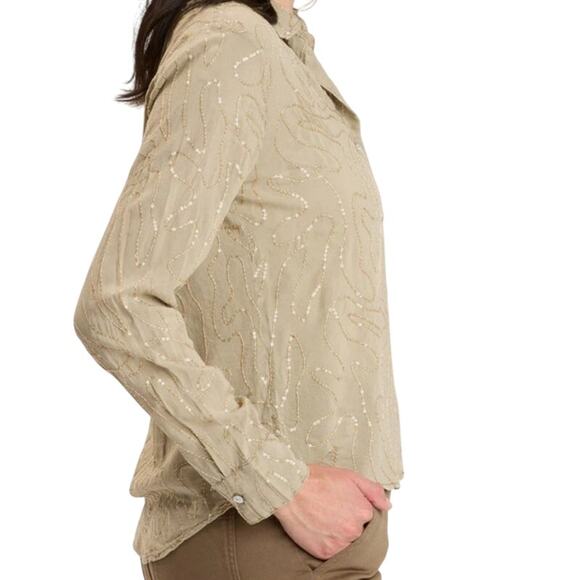 XCVI Seraphina Button Up Blouse Sand Lime Sequins Size S NWT Fall Style Elevated - Picture 3 of 12